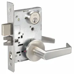 This office lever lockset features an Augusta lever design in a satin chromium-plated finish. It is ADA compliant and equipped with a Large Format Interchangeable Core (LFIC) for key control. Suitable for commercial interior doors requiring lever operation and F12 function.