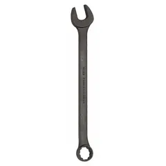 This SAE 12-point combination wrench features a 1-inch head size and 14-inch overall length. Constructed from alloy steel with a black oxide finish, the offset design provides clearance over obstructions. Suitable for tightening or loosening fasteners in confined spaces where a straight wrench cannot be used.