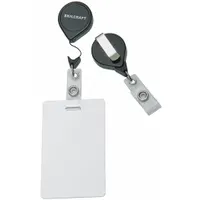 Retractable tether for securing ID badges, access cards, or keys. Features a horizontal/vertical orientation, black finish, and a 36-inch strap for extended reach. Overall width is 3/4 inch. Suitable for environments requiring hands-free badge access