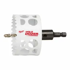 This 3-inch diameter bi-metal hole saw with attached arbor cuts through wood, metal, and plastic. Featuring 3.5 teeth per inch and a maximum cutting depth of 1-5/8 inches, it is suited for creating clean holes in electrical, plumbing, and HVAC applications.