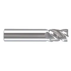Carbide square end mill with 1/8" cutting diameter, 1/4" length of cut, and 1-1/2" overall length. Four-flute design for efficient chip evacuation in high-speed milling. Suitable for creating square shoulders, slots, and pockets in ferrous and non-ferrous materials on CNC or manual machines.