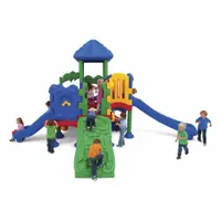 This playground structure is designed for children aged 2 to 5 years and features ground spike mounting. It includes a transparent barrier and requires an installation zone of 32.3 ft by 27.3 ft. Suitable for parks, schools, and commercial play areas