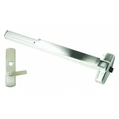 Rim-type exit device with touchbar style and lever outside trim. Chrome finish. ADA compliant. Suitable for doors up to 3 ft wide. Used in commercial buildings requiring safe egress.