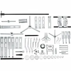 This puller set combines jaw puller, bearing splitter, push-puller, and slide hammer functions. It includes a blind bearing puller and bearing splitters, with three pulling capacities: 3 ton, 6 ton, and 10 ton. Used for removing bearings, gears, pulleys, and other press-fit components in maintenance and repair.