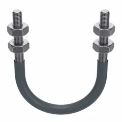 This cushioned U-bolt is designed to secure and support piping while reducing vibration and noise. It fits pipe size 4 in, has a 4 1/2 in inside height, and features a 1/2"-13 thread. Made of steel with a plain finish, it is suitable for plumbing, HVAC, and process piping applications.