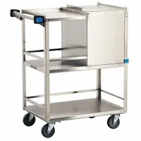 This stainless steel ice caddy features a hinged door and swivel casters for easy access and maneuverability. The gray finish and 19-inch depth make it suitable for transporting ice in commercial kitchens, bars, and hospitality settings