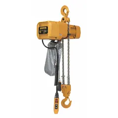 Hook-mounted electric chain hoist for heavy-duty lifting and positioning in industrial settings. Operates on 460V AC with two-speed control. Includes quick disconnect plugs on the pendant. Headroom clearance 28 to 30 inches.