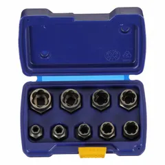 This 9-piece bolt extraction socket set is designed for removing damaged, stripped, or broken bolts and screws. Featuring a 3/8" drive and socket sizes ranging from 1/4" to 1", it is suitable for automotive repair, machinery maintenance, and general industrial fastener extraction tasks.