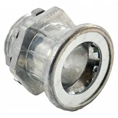 Zinc push-in conduit connector for 1/2 in trade size. Non-insulated type with 1 5/32 in overall length. Used for quick, secure connections in industrial electrical systems such as control panels and machinery.
