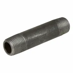 Schedule 40 low-pressure pipe nipple with 1/2 in nominal size, 3 in length, and Male NPT threads on both ends. Welded construction with PTFE thread sealant applied. Rated for 125 psi at 72°F. Used to connect two male NPT fittings in low-pressure plumbing, air, water, or oil lines.