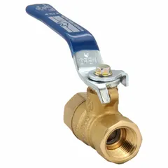 This manual two-way ball valve features a 3/8 in full-port brass body with straight configuration and FNPT x FNPT connections. It includes a Memory Stop Locking Lever handle for secure position locking. Suitable for on/off flow control in water, oil, and gas piping systems.