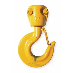 Replacement bottom hook assembly for electric chain hoists. Includes a safety latch to secure loads during lifting operations. Suitable for industrial material handling applications such as manufacturing, warehousing, and maintenance.