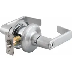 This BEST privacy lever lockset features a Sierra style lever and a satin chromium-plated zinc finish. It is ADA compliant and uses an ANSI F76B privacy function for interior doors such as bathrooms or bedrooms where locking from the inside is required. The lockset does not include a visual indicator and is not ligature-resistant.