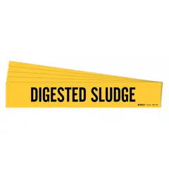 Adhesive pipe marker for identifying piping that carries digested sludge. Yellow background with black legend text. Fits pipe outer diameters of 8 inches and larger. Sold in packs of 5 without arrows.
