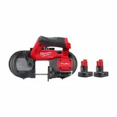 This cordless band saw kit includes two batteries but no charger. It features a 30 9/16 in blade length and a maximum cutting length of 2 1/2 in. Designed for cutting metal, pipe, conduit, and structural steel in construction, fabrication, and maintenance applications.