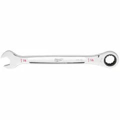 Steel chrome-finished SAE 12-point ratcheting combination wrench with a 1-1/8 in head size and 15-3/8 in overall length. Used for tightening and loosening fasteners in industrial maintenance, assembly, and repair applications.