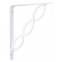 Steel shelf bracket with white finish. Height 8 in, width 3/4 in, capacity 50 lb. Used for supporting shelving in storage areas, workshops, and warehouses