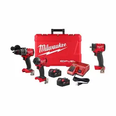 This Milwaukee combination kit includes an 18V brushless hammer drill and impact driver, powered by the M18 battery system. Suitable for drilling, driving, and fastening tasks in construction, maintenance, and industrial settings. Kit includes battery and charger.