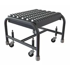 This single-step rolling stool provides a 12-inch standing height to assist with reaching elevated areas. Constructed from aluminum with a rectangular silver platform and four swivel casters, it supports up to 350 lb. Suitable for warehouses, assembly lines, and maintenance tasks requiring frequent repositioning.