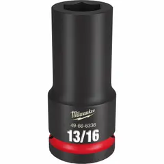 SAE deep impact socket with 3/4" drive and 13/16" hex size. Six-point design and friction ring provide secure fastener engagement. Black Phosphate finish. Used with impact wrenches for heavy-duty fastening and loosening in automotive, construction, and industrial maintenance.