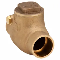 Bronze inline swing check valve with 3/8 in pipe size and sweat x sweat connections. Designed to prevent backflow in plumbing and heating systems where reverse flow could cause damage or contamination.