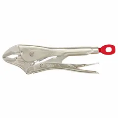 Curved-jaw locking pliers with lever-type mechanism. Jaw length 1-3/16 in, max jaw opening 2-1/8 in, overall length 10 in. Used for clamping, gripping, and holding workpieces in industrial maintenance, fabrication, and repair tasks.