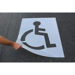 This stencil is used to mark designated parking spaces, entrances, or pathways for individuals with disabilities. It measures 38 inches in overall height, 34 inches in overall width, and 0.063 inches in thickness. Suitable for commercial, industrial, and public environments to indicate accessible areas.