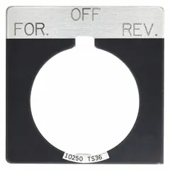 Square legend plate with 30 mm panel mounting size, 1 3/4 in overall height and width. Black metallic aluminum construction with white 'For-Off-Rev' legend in English and notch design. Used to label push-button stations in industrial control panels for forward, stop, and reverse functions.