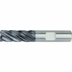 5/8" diameter, 5-flute, AlTiN-coated carbide end mill with 1-1/4" length of cut, 0.03" corner radius, and 4" overall length. Reduced-neck design provides clearance for deep cavity machining. Suitable for high-speed roughing and finishing of steel and cast iron.