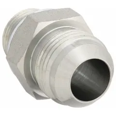 This rigid, straight hydraulic hose adapter features a male x male gender and Metric x JIC connection type. Constructed from steel, it is used to connect Metric and JIC threaded components in industrial fluid power systems, such as hydraulic machinery and lubrication lines.