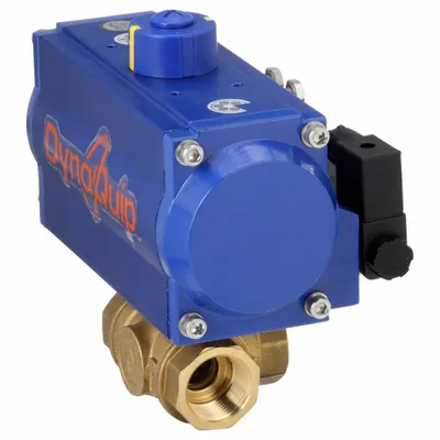 DYNAQUIP CONTROLS Pneumatically Actuated Three-Way Ball Valve: 1 in, Brass - L-Port Brass Pneumatically-Actuated Ball Valves