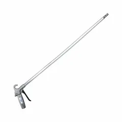 This pistol-grip air gun is constructed of aluminum and features a 1/4 in female NPT inlet. It is equipped with one straight, focused nozzle and includes an extension and nozzle. The gun has a grip and no safety tip, making it suitable for blow-off, cleaning, and drying tasks in industrial environments.