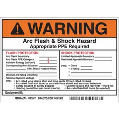Adhesive vinyl warning signs, 5-pack, each 5 in x 7 in. Non-retroreflective, non-glow-in-the-dark. Used to mark arc flash and shock hazards requiring appropriate PPE and specifying flash protection boundaries and hazard risk categories.