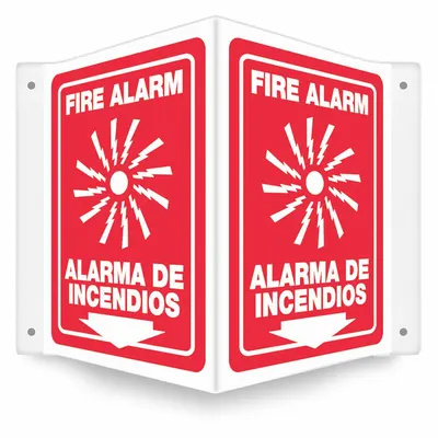 CONDOR Safety Sign: PETG, Mounting Holes Sign Mounting, 12 in x 14 in Nominal Sign Size - V-Shape Projection Fire Alarm/Alarma De Incendios Signs
