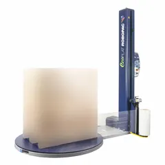 This semi-automatic stretch wrap turntable from ROBOPAC handles loads up to 48 inches in length. It is designed for operator-assisted wrapping of palletized loads, achieving throughput of up to 25 loads per hour. Suitable for industrial packaging operations requiring consistent film application.