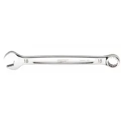This MILWAUKEE combination wrench features a 12-point metric box end and an open end, designed for turning 18 mm fasteners. The chrome vanadium steel construction with a chrome finish provides corrosion resistance. Suitable for general maintenance, assembly, and repair tasks in industrial settings.