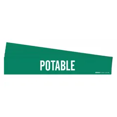 Green adhesive pipe marker with white legend text reading 'Potable', without arrows. Fits pipe outer diameters of 8 inches and larger. Supplied as a 5-pack for identifying potable water piping systems in industrial and commercial facilities.
