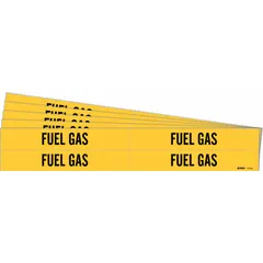 Yellow adhesive pipe marker with black 'Fuel Gas' legend, designed for pipes with outer diameter 3/4 to 2-3/8 inches. Each pack contains 4 markers without arrows, sold in a 5-pack. Used to identify pipes carrying fuel gas in industrial facilities, aiding compliance with pipe-marking standards and reducing misidentification risks.
