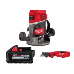 This cordless fixed-base router from the M18 system delivers 2.25 hp at 25,000 RPM. It includes a 6 Ah battery and a utility knife. The router accepts bits from 1/64 in to 2 in, suitable for edge profiling, trimming, and joinery in woodworking and construction.