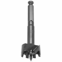 Self-feed drill bit with a 1-1/2 in diameter for boring large holes in wood. Features a 7/16 in hex shank for secure grip in high-torque drills and a 6 in overall length. Used for rough-in framing, electrical conduit, and plumbing pipe passes.