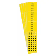 Yellow adhesive pipe marker with black legend reading 'Valve' and arrows indicating flow direction. Designed for pipes with an outside diameter of 3/4 inch and smaller. Each pack contains 5 markers (3 markers per pack). Used for identifying valves in piping systems.