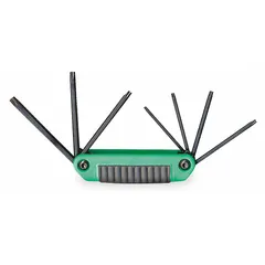 Folding Torx key set with one piece containing tip sizes T10, T15, T20, T25, T27, T30, and T40. Features a black oxide finish and a standard-end organizer. Suitable for tightening or loosening Torx fasteners in industrial maintenance, assembly, and repair applications.