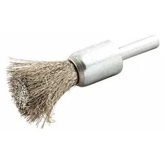 This light-cleaning brush features a crimped stainless steel fill with a 0.006 in diameter, designed for gentle deburring and cleaning of stainless steel surfaces. With a 1/2 in brush diameter and a 1/4 in shank, it is suitable for use in applications where surface integrity and prevention of cross-contamination are important, such as in food processing or pharmaceutical equipment maintenance.