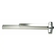 Aluminum rim-type exit device with touchbar style for doors up to 3 ft wide. Includes night latch outside trim for secure re-entry. ADA compliant. Suitable for commercial egress applications requiring push-bar operation.