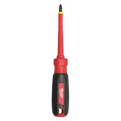 This #2 Phillips insulated screwdriver features a cushion grip for comfort and a friction-type blade retention. It is tether ready for drop prevention at height and insulated for protection during live electrical work. Not ESD safe.