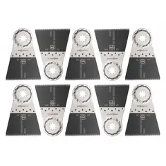 Set of 10 Starlock Plus mounted blades for precision cutting in wood. Overall length 3 13/16 in. Suitable for flush cuts, plunge cuts, and detailed trim work in cabinetry, flooring, and carpentry.
