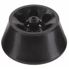 Fixed angle centrifuge rotor with 4 in overall diameter, accommodating six 5 mL tubes. Used in laboratory centrifuges for separation of liquid sample components in clinical, research, and industrial settings.