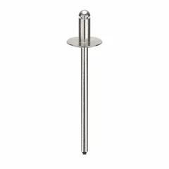 This blind rivet features a large flange head for load distribution in applications with single-sided access. It has a 0.122-inch diameter, 1.54-inch overall length, and 1/4-inch body length. The plain finish suits general assembly, sheet metal, and automotive fastening. Supplied in a 500-piece pack.