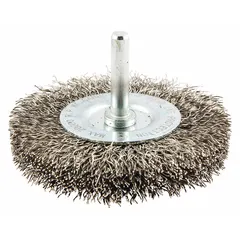 This light-cleaning brush features a crimped stainless steel fill of 0.014" to prevent cross-contamination on stainless steel surfaces. With a 3" diameter by 1/2" width and a 1/4" shank, it is suited for deburring, removing light rust, or preparing welds in metal fabrication and maintenance applications.