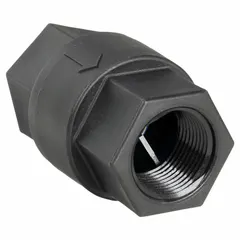 This inline poppet check valve features a polypropylene body and female connections for 3/4 in pipe. It uses a ball cone spring design to prevent backflow in low-pressure liquid or gas systems. Typical applications include water, chemical, and air lines where corrosion resistance and one-way flow control are required.